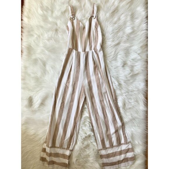 Japna Cotton Linen Striped Jumpsuit XS Tan White - Picture 2 of 6